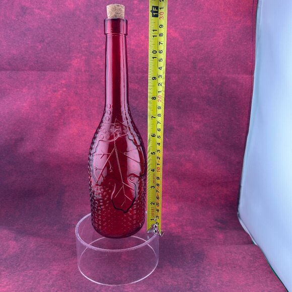 HOLIDAY ROUND GLASS DECORATING RED BOTTLE RAISED LEAVES AND GRAPES DESIGN W CORK - Picture 5 of 6